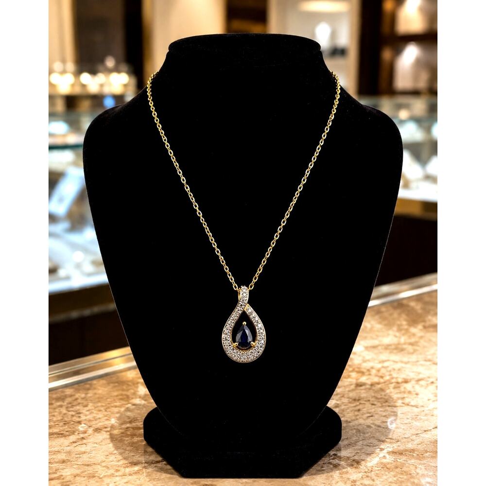 Sterling Silver PAJ Teardrop Pendant Necklace Dark Blue Sapphire Colored Stone
